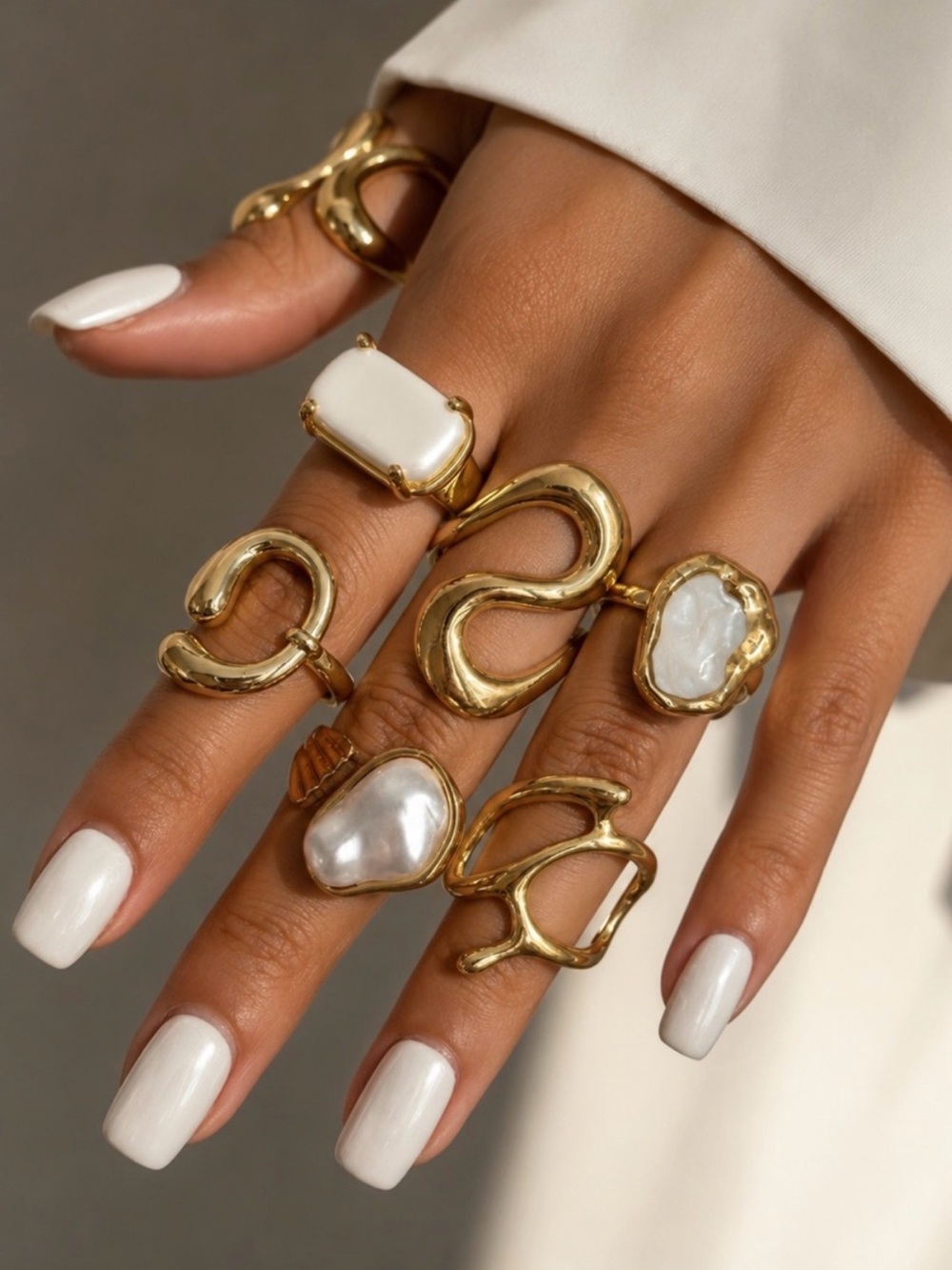 Gold and White Pearl Sculptural Ring Set - Picture 2 of 5